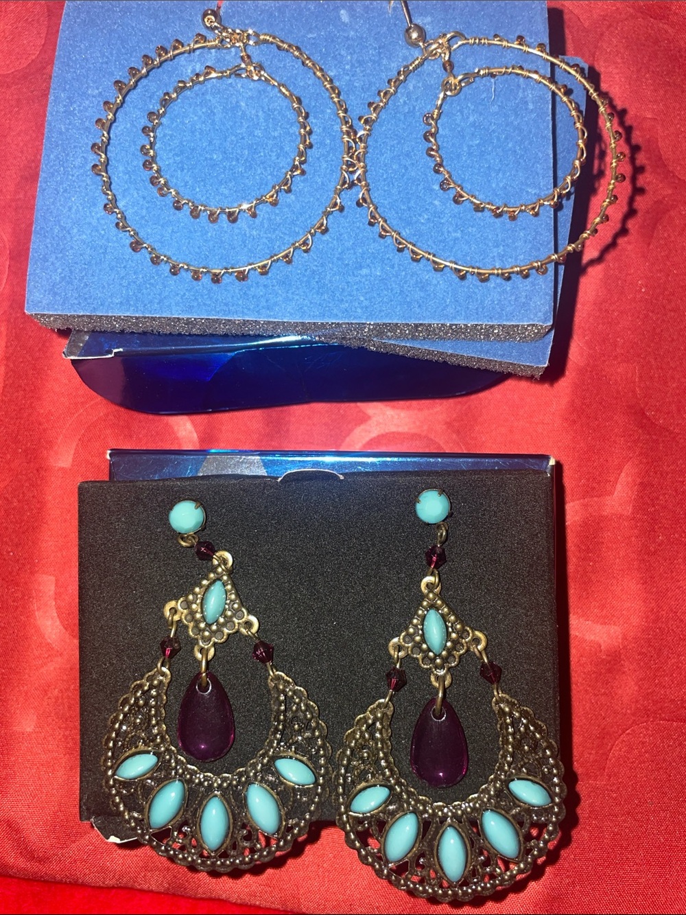 Avon Gold-Tone Filigree Earrings with Turquoise and Purple Accents
